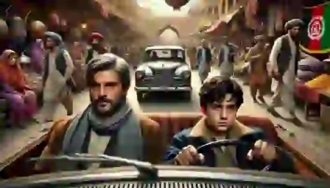 Amir and Baba drive through a bustling Afghan bazaar, with tension between them visible.