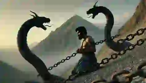 Zahhak chained to Mount Damavand, defeated, with lifeless serpents on his shoulders, at the break of dawn