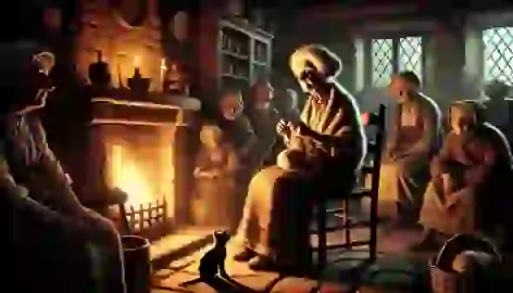 Agnes sitting by her fire, recounting the Black Dog legend to the grave-faced village elders.