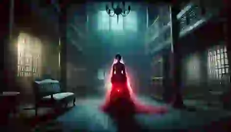 Meilin’s ghost in a crimson wedding dress glows faintly, wandering the decayed halls of General Wu’s estate.