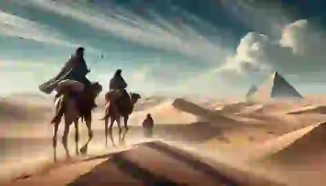 Santiago and the Alchemist ride camels across the vast desert, with rolling sand dunes stretching to the horizon.