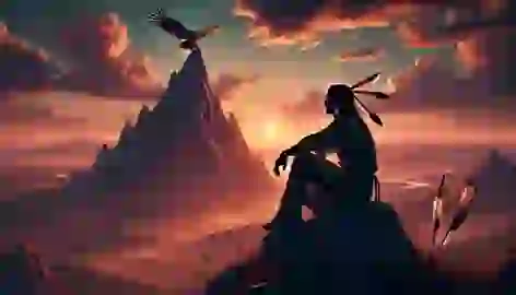 An older Chayton sits at the mountain peak at sunset, watching the Thunderbird soar above.