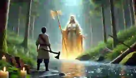 The river guardian emerges from the water holding a golden axe while the woodcutter stands amazed by the sight.