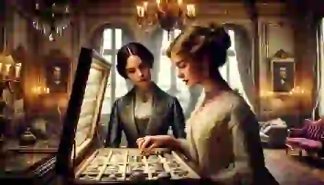 Matilda excitedly selects a diamond necklace from her friend Mme. Forestier’s elegant jewelry collection.