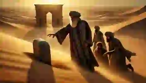 Vizier and men uncovering a hidden key near an ancient stone monument in the desert at sunset.