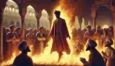 Siyâvash walks through blazing flames in a Persian court, his calm expression unfazed as the crowd looks on in awe.