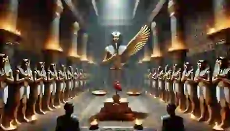 The god Osiris oversees the weighing of a heart against the Feather of Ma