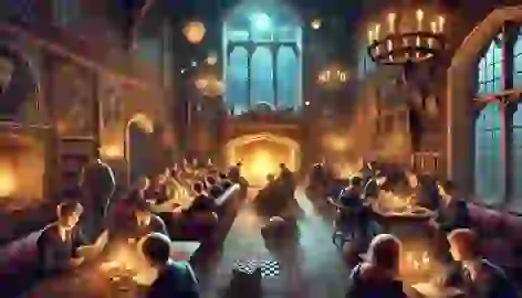 A cozy common room with students reading, playing chess, and glowing candles floating above.