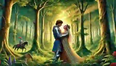 Tristan and Iseult embracing in the Forest of Morrois.