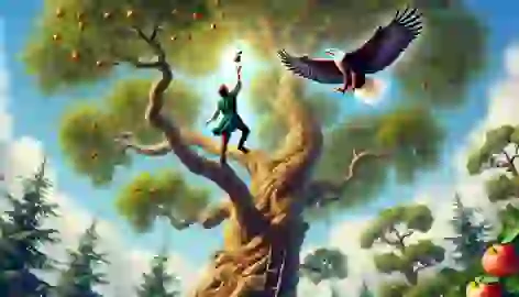 The Ash Lad climbs the tallest tree, reaching for a glowing golden apple, with an eagle by his side.