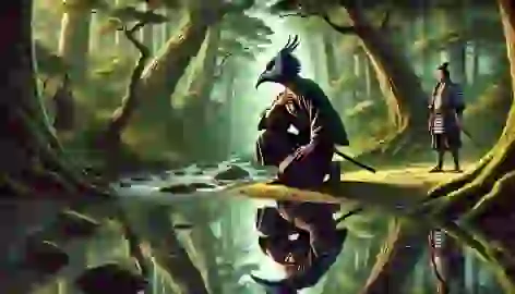 Kenjiro kneels beside a river, seeing his reflection transforming into the Tengu.