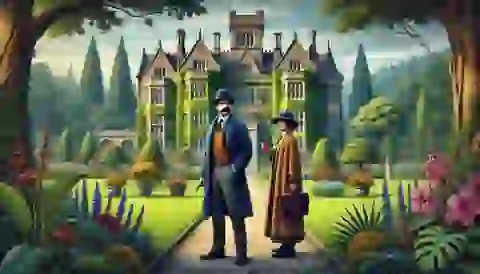 A grand old mansion surrounded by lush gardens, with Sherlock Holmes and Dr. Watson standing at the entrance.