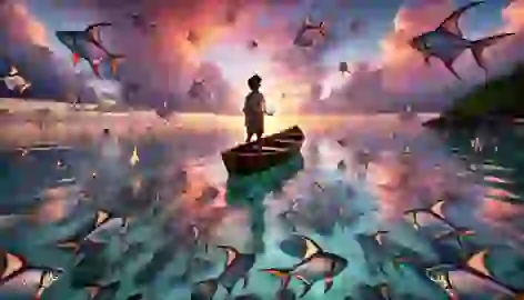 Kai at dawn, surrounded by flying fish gliding over calm waters, holding an iridescent scale in awe.