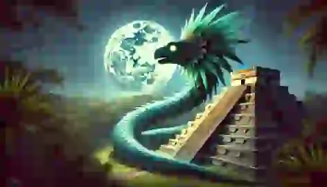 The feathered serpent Kukulkan glows in the moonlight, coiled around the top of the ancient temple.