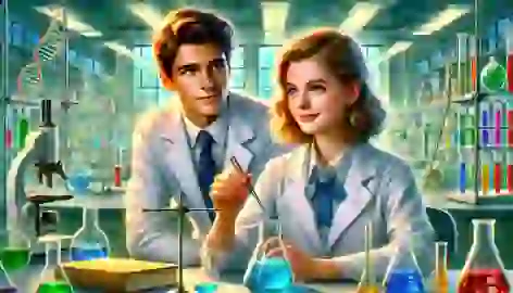 Elizabeth Zott and Calvin Evans working together in a lab, both wearing white lab coats, collaborating on experiments.