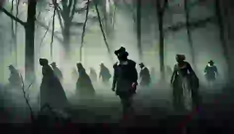  Roanoke settlers lost in the wilderness, wandering through a foggy, dark forest with expressions of fear and confusion.