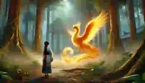 Lian bows to the Golden Phoenix in a misty, mystical forest clearing.