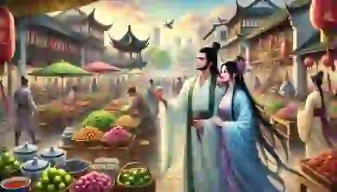 Bai Suzhen and Xiao Qing in the bustling streets of Hangzhou.