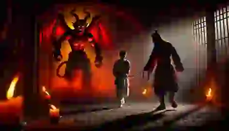 Sun Wukong, disguised as a servant, approaches a bound Xuanzang in a dimly lit demon’s lair.