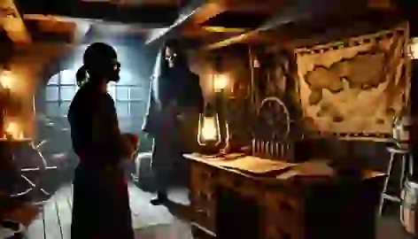 Ezra stands in the captain’s cabin of the Queen Anne’s Revenge, with Blackbeard