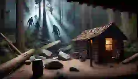 A rustic cabin surrounded by forest is attacked by shadowy figures throwing rocks during the 1924 Ape Canyon incident.