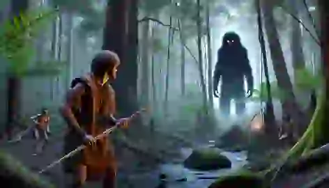 Walu, an Aboriginal warrior, encounters the Yowie in the dense Australian forest, standing frozen in fear with his spear.