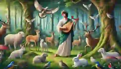 Orpheus playing his lyre, surrounded by enchanted animals in a lush forest.