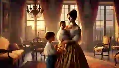 Maria holds her two children in a grand estate, looking out the window with a sorrowful expression.