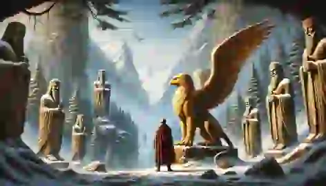 Eirik and the Griffin stand at the entrance of the Valley of Gryphus, looking out over a snow-covered landscape.