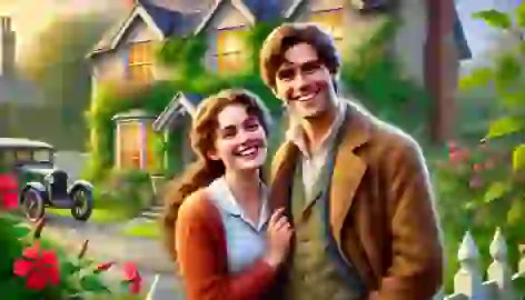 John and Mary smiling in front of a charming house with a vibrant garden, in the early stages of love.