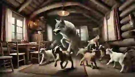 Menacing wolf searches inside the cottage while seven goats scramble to hide in different corners.