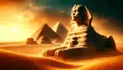 The Great Sphinx and pyramids of Giza at sunset, bathed in golden light.