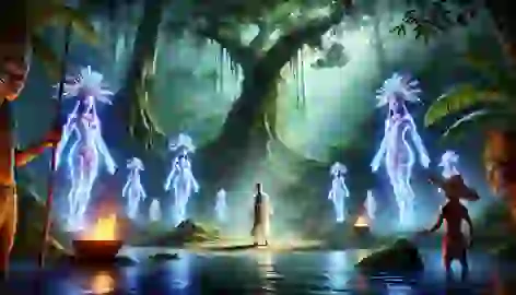 Antonio performs a ritual in the Amazon jungle to break his curse, surrounded by ethereal river spirits.