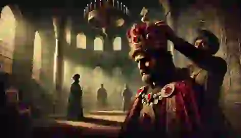 King Hormizd IV is betrayed as his court removes the Ruby Crown from his head in a dimly lit palace.