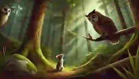 The mouse looks up at a surprised owl perched on a branch, with the dense forest around them creating a mysterious atmosphere.