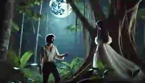 Juan encountering a beautiful woman in a white gown under a ceiba tree in a moonlit Costa Rican forest.