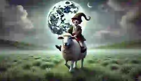 Fergal O’Conor joyfully riding a sheep named Daisy under the moonlight in an Irish field.