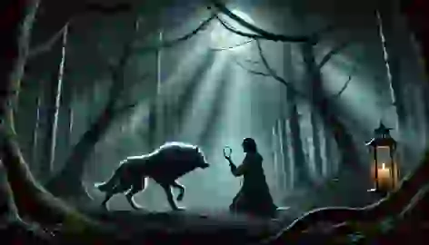 João in wolf form stands frozen before Maria, who holds up a silver amulet in the dark, moonlit forest.