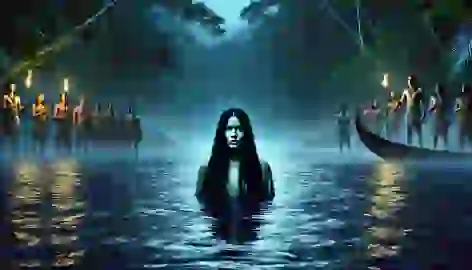  Iara emerges from the Amazon River at night as villagers ask for her forgiveness under the moonlit sky.