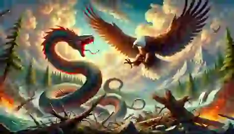 The Great Serpent and Great Eagle battle fiercely, with storm clouds and scattered debris in the chaotic landscape.