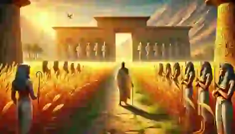 Akhen enters the lush Field of Reeds, welcomed by his ancestors under the golden sunlight of the Egyptian paradise.