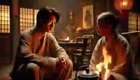 Wei sits by the fire with his grandmother, listening intently as she shares wisdom about love and fate.