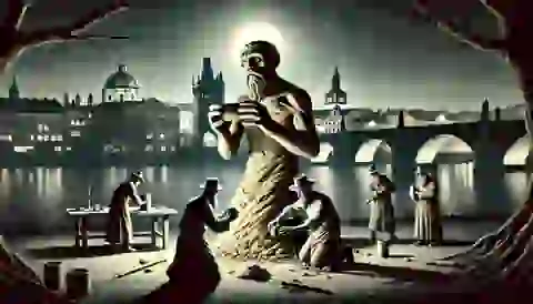 Rabbi Loew creating the Golem from clay on the banks of the Vltava River at night.