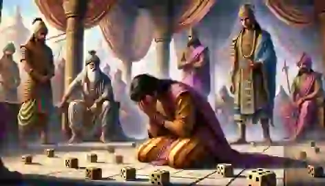 Yudhishthira defeated in the game of dice, Duryodhana standing confidently in the royal court of Hastinapura.