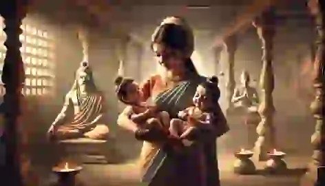 Anasuya cradles the infant forms of Brahma, Vishnu, and Shiva, while sage Atri meditates in a serene household.