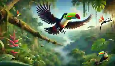 Tico the toucan leaping from a branch, beginning his first flight over the dense Amazon rainforest canopy."