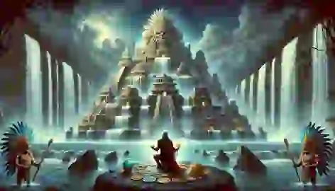 Atl kneels before the shimmering palace of Tlaloc made of flowing water, offering gifts of jade, gold, and feathers.