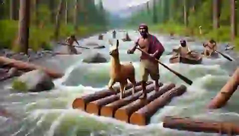 Tupac and his llama Puka crossing a fierce river in the forest.