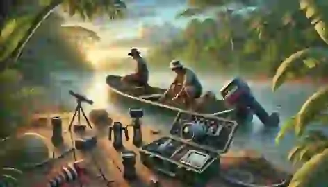 Two adventurers preparing a boat with scientific and fishing gear on the Amazon Riverbank as the sun sets.