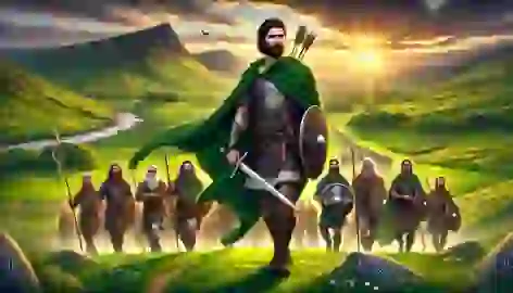 Fionn mac Cumhaill leading the Fianna warriors across a lush Irish valley, radiating wisdom and strength.